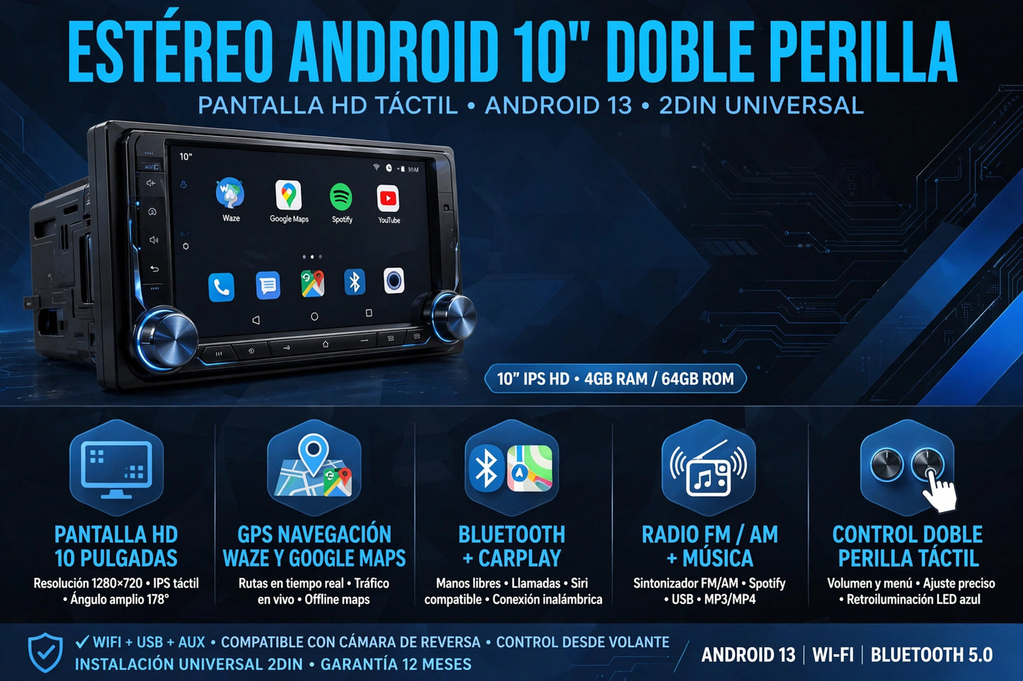 RADIO AUTO 10.1 DUAL KNOB CARPLAY.
