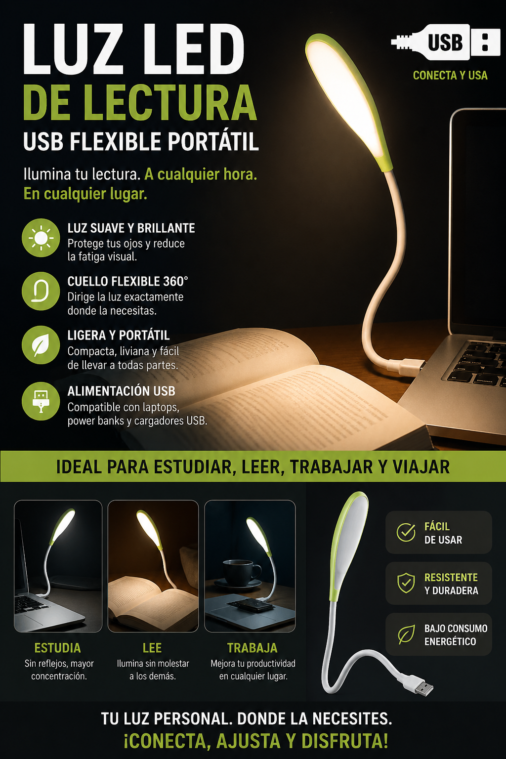 LUZ LED DE LECTURA USB FLEXIBLE PORTATIL.
