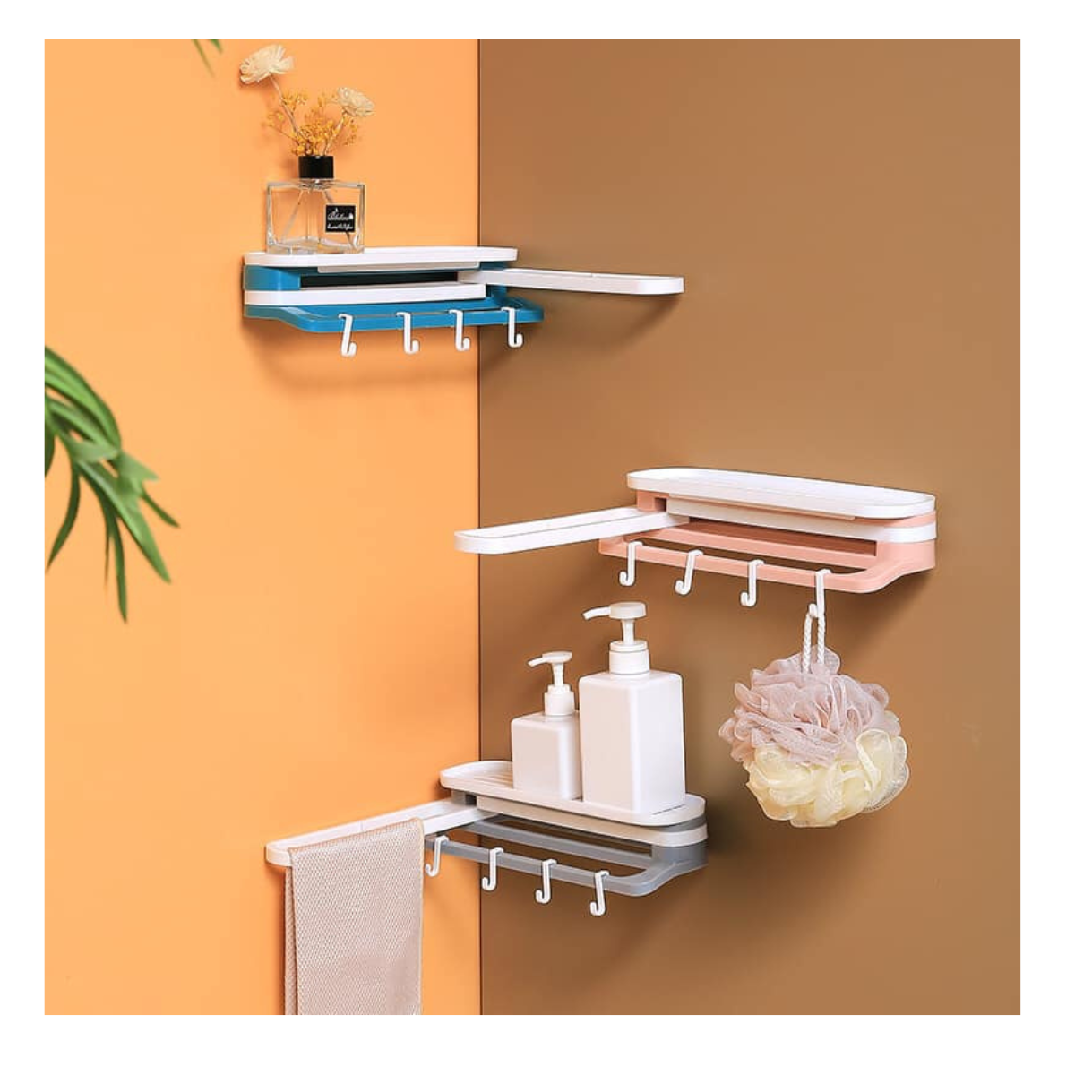 ORGANIZADOR DE BAÑO CON BASE Y GANCHOS.