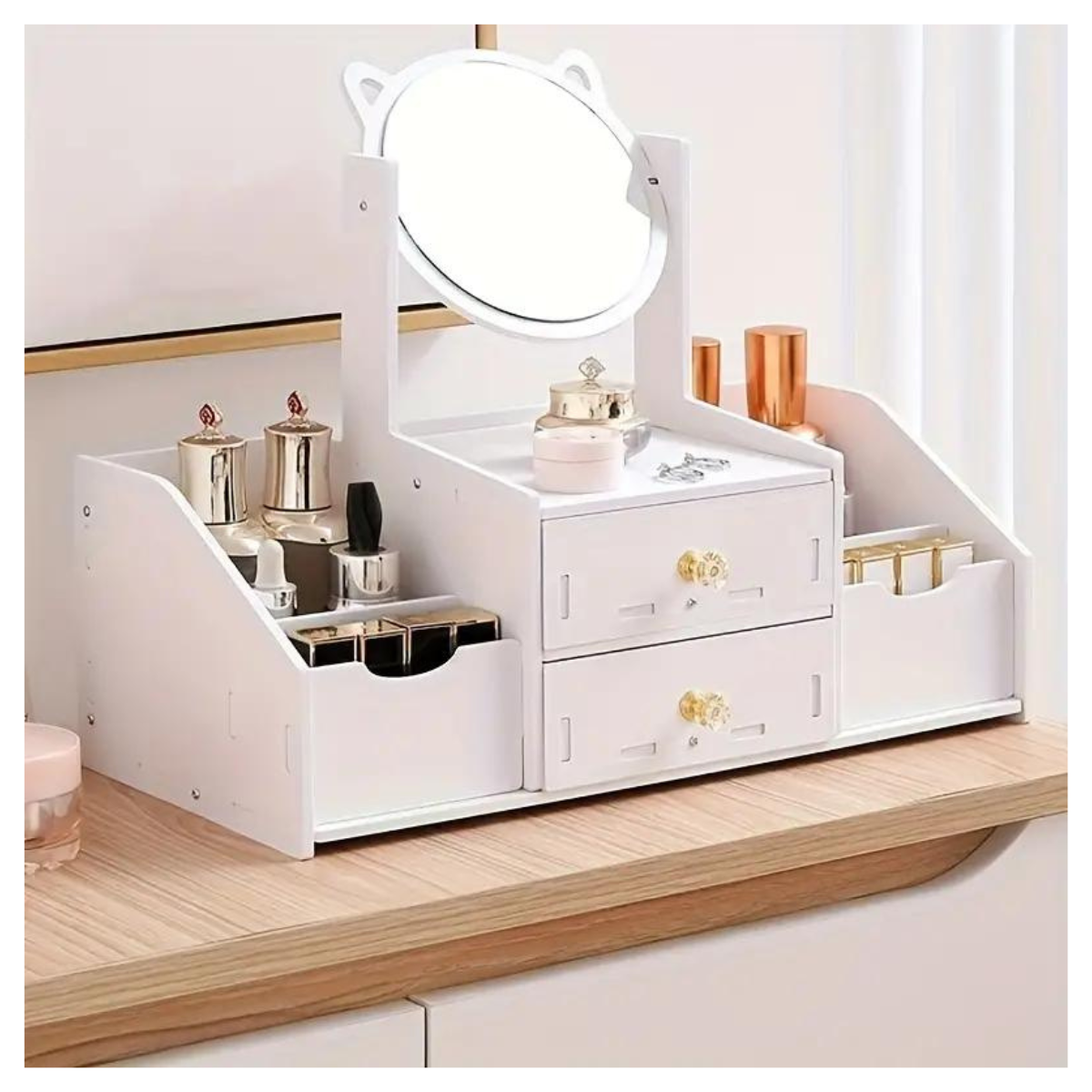 VITRINA DE MAQUILLAJE CON ESPEJO GIRATORIO.